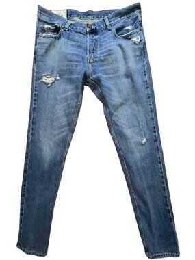 Hollister Men's Distressed Skinny Jeans Stretch Denim Size 34x34 Blue Mid Wash